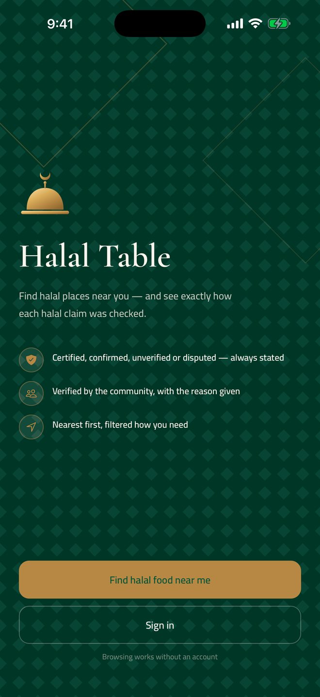 The Halal Table welcome screen with the brass cloche logo and three promises: labels always stated, community verification with reasons, nearest first.